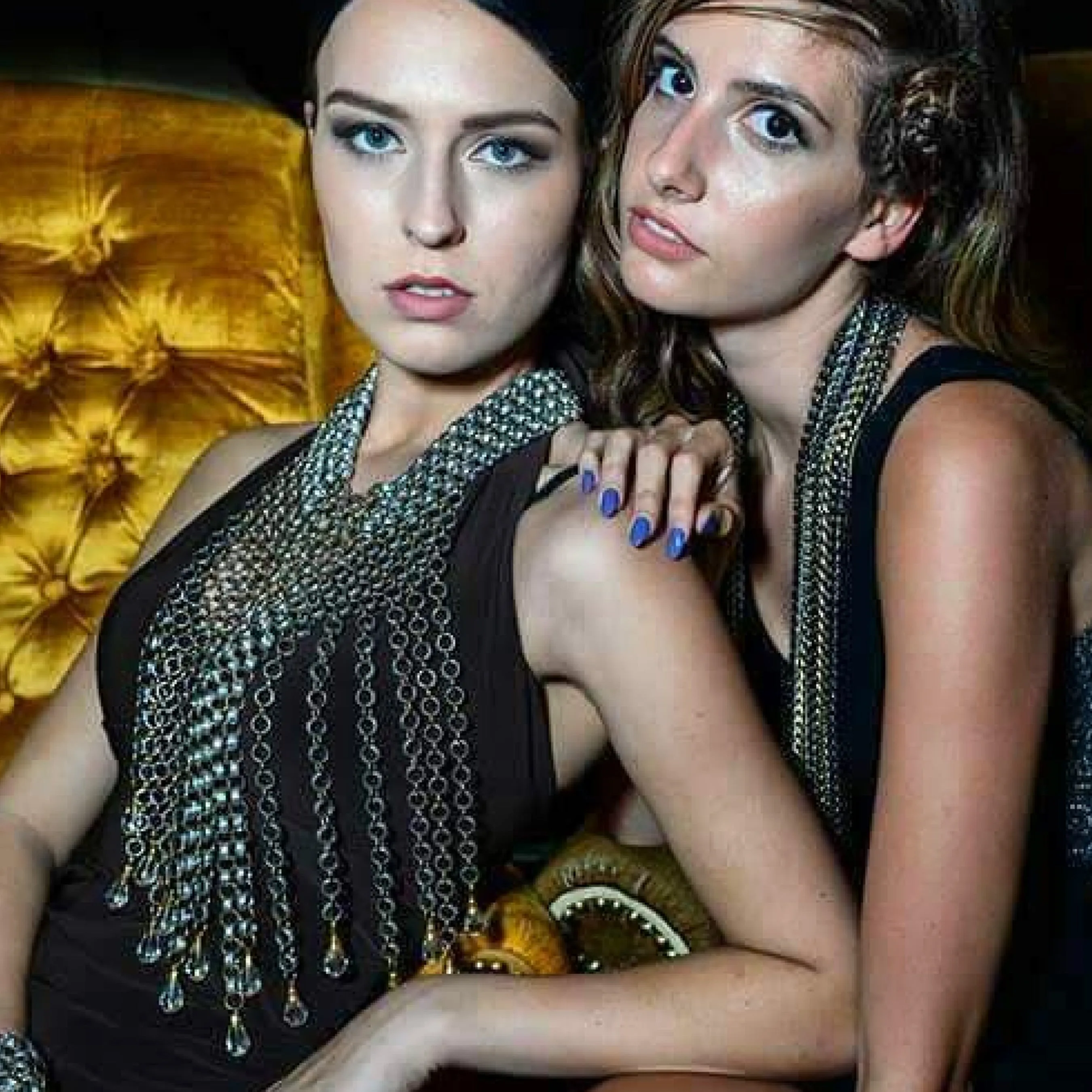 #812n Silver & Gold Tone Chain Mail Fringed Bib Necklace