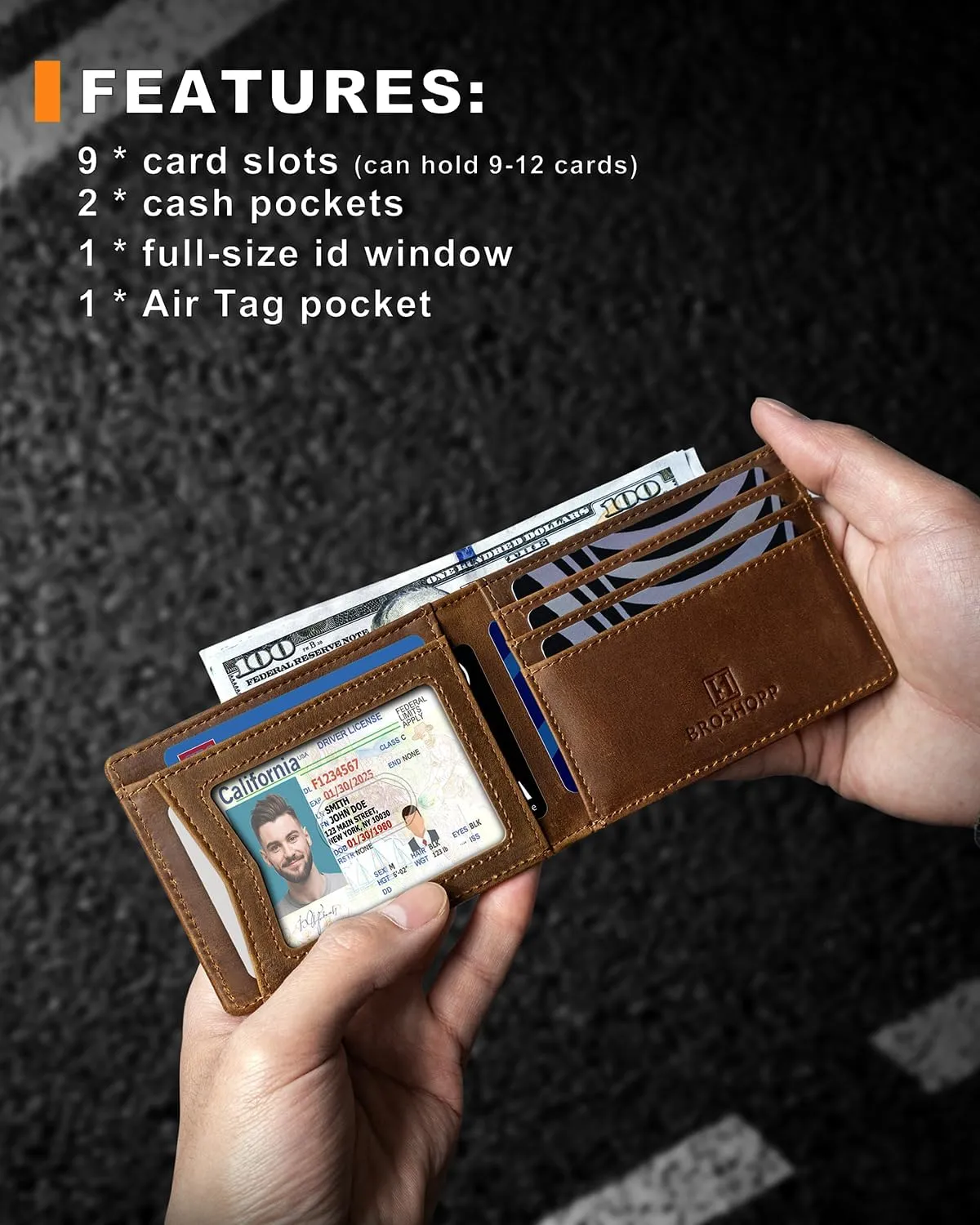 Airtag Wallet for Men, Bifold Full-Grain Leather Wallet for Apple Air Tag, Men's Wallet with Airtag Holder, RFID Blocking, Cash Slots, ID Window