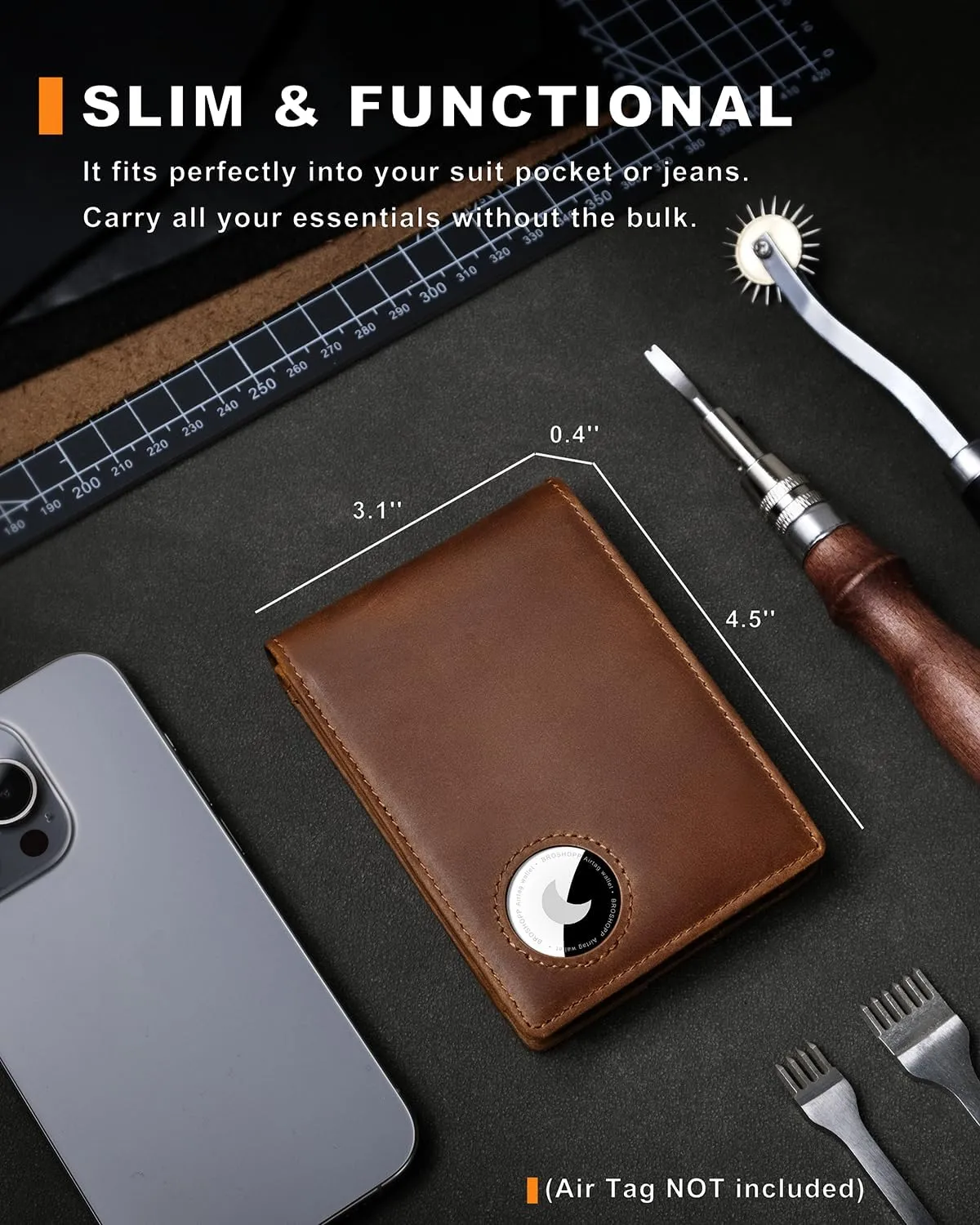 Airtag Wallet for Men, Bifold Full-Grain Leather Wallet for Apple Air Tag, Men's Wallet with Airtag Holder, RFID Blocking, Cash Slots, ID Window