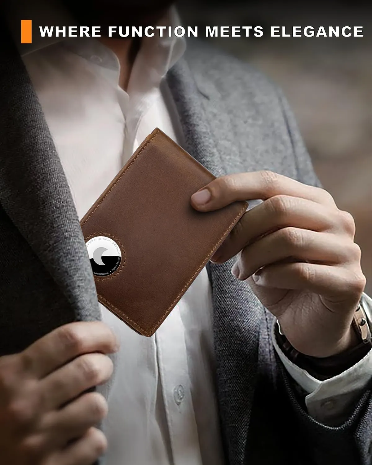 Airtag Wallet for Men, Bifold Full-Grain Leather Wallet for Apple Air Tag, Men's Wallet with Airtag Holder, RFID Blocking, Cash Slots, ID Window