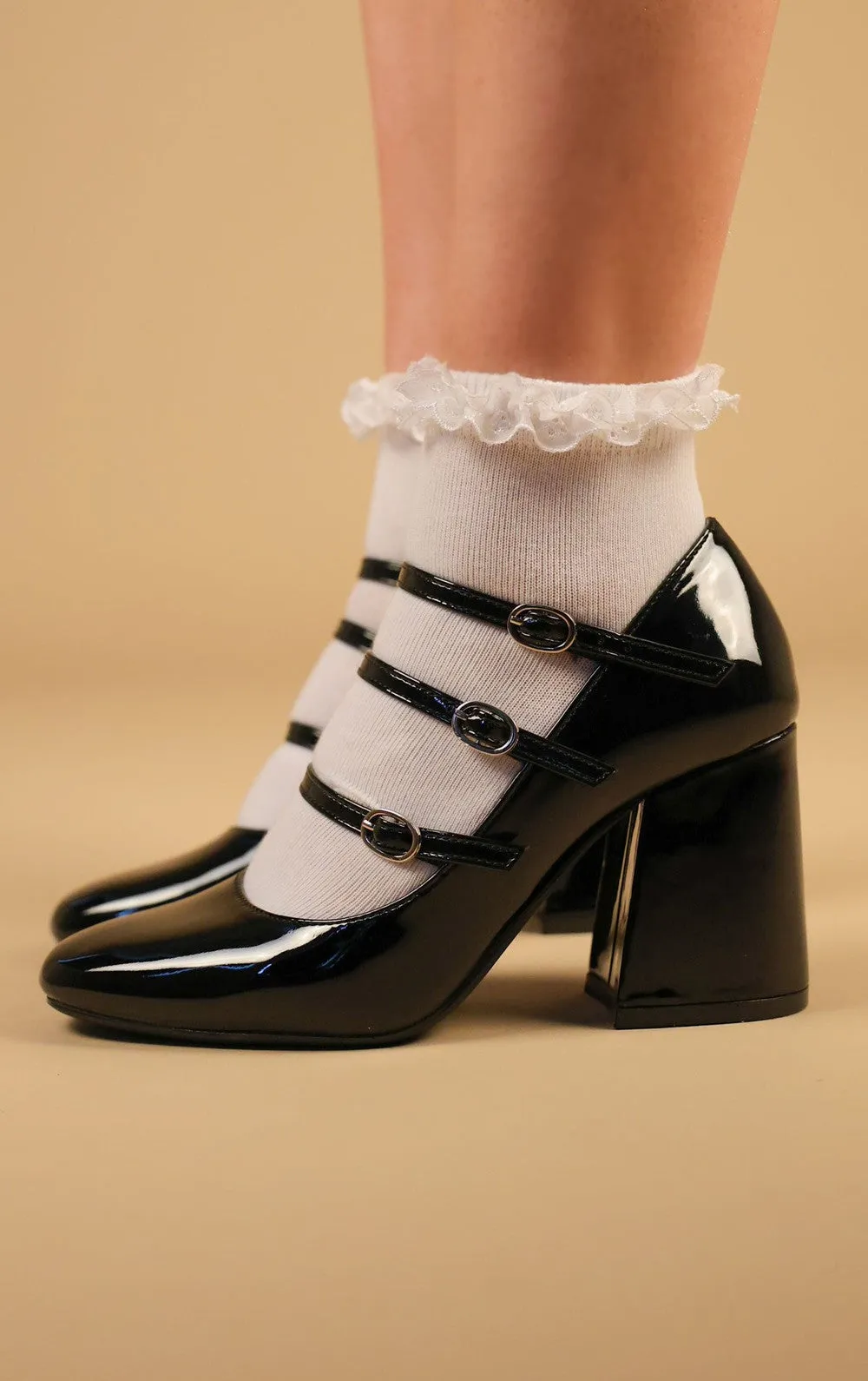 Black Chunky Triple Strap Mary Jane Heels