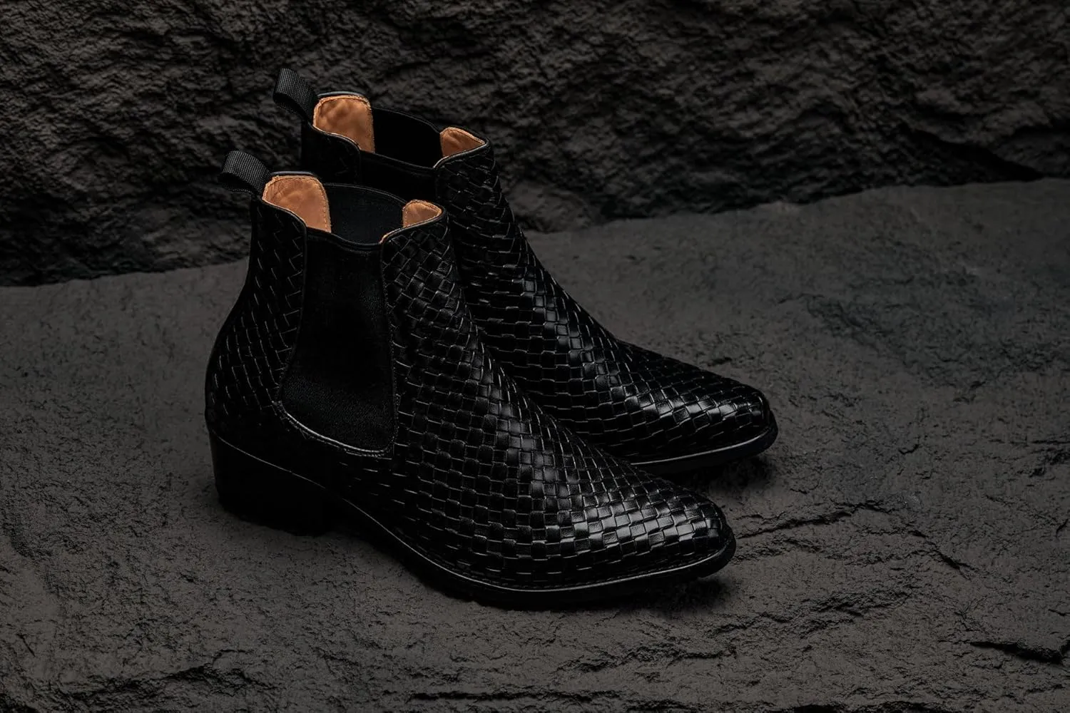 CALTO Men's Invisible Height Increasing Elevator Shoes - Black Premium Leather Woven Slip-on Chelsea Ankle Boots - 3.3 Inches Taller - K30521 - Size 10 D(M) US