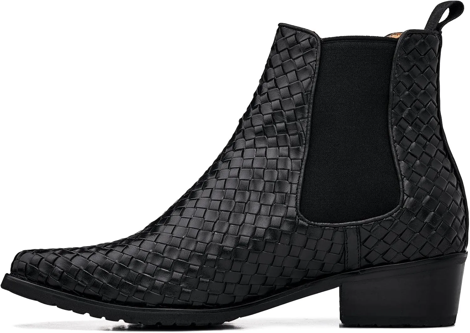 CALTO Men's Invisible Height Increasing Elevator Shoes - Black Premium Leather Woven Slip-on Chelsea Ankle Boots - 3.3 Inches Taller - K30521 - Size 10 D(M) US