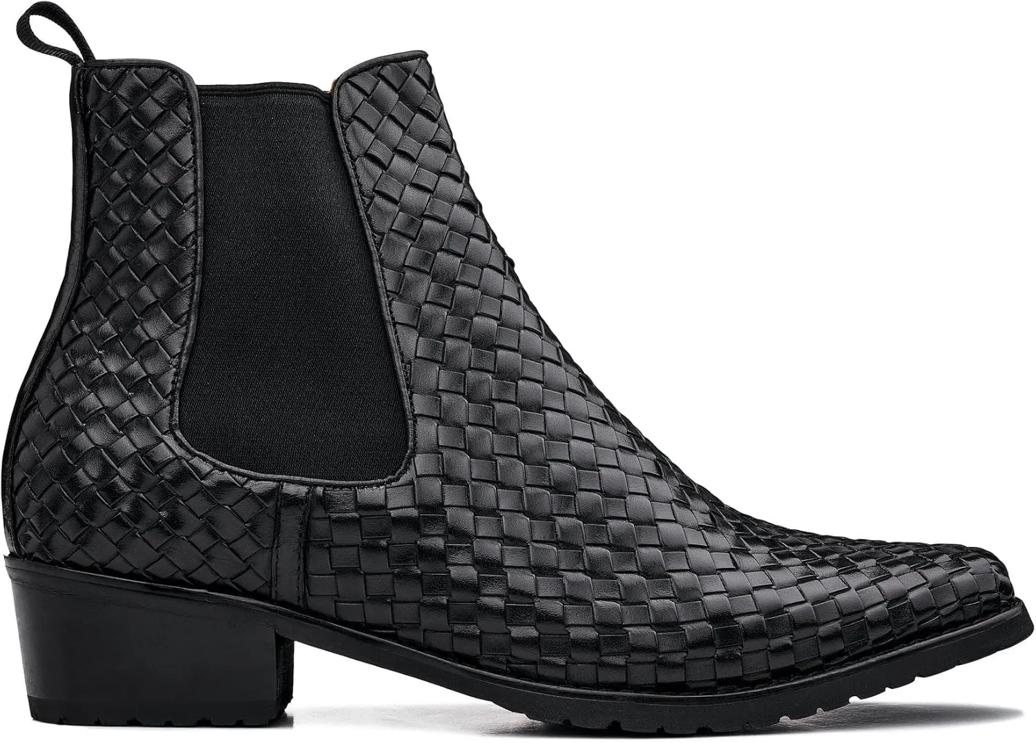 CALTO Men's Invisible Height Increasing Elevator Shoes - Black Premium Leather Woven Slip-on Chelsea Ankle Boots - 3.3 Inches Taller - K30521 - Size 10 D(M) US