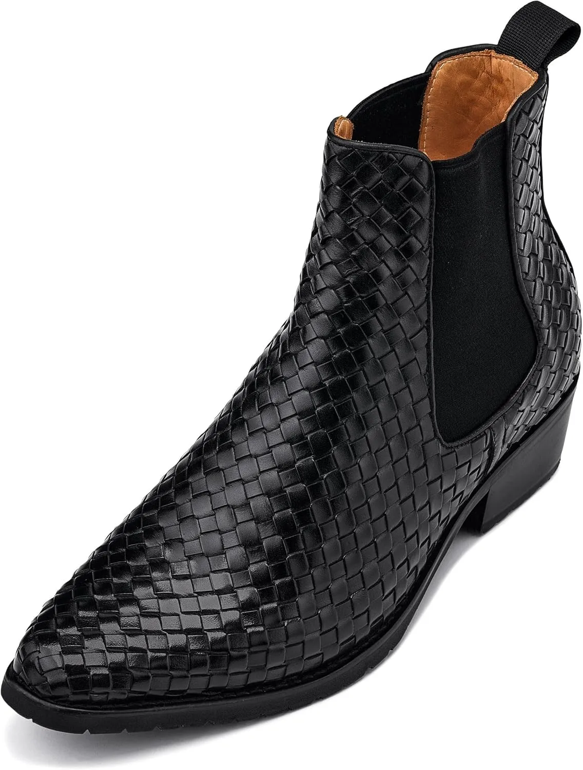 CALTO Men's Invisible Height Increasing Elevator Shoes - Black Premium Leather Woven Slip-on Chelsea Ankle Boots - 3.3 Inches Taller - K30521 - Size 10 D(M) US