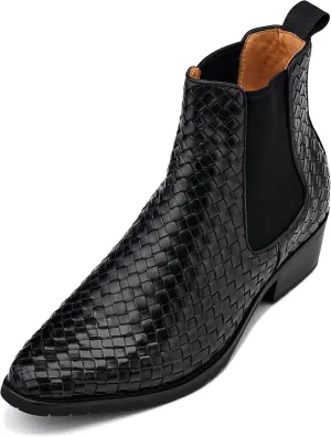CALTO Men's Invisible Height Increasing Elevator Shoes - Black Premium Leather Woven Slip-on Chelsea Ankle Boots - 3.3 Inches Taller - K30521 - Size 10 D(M) US