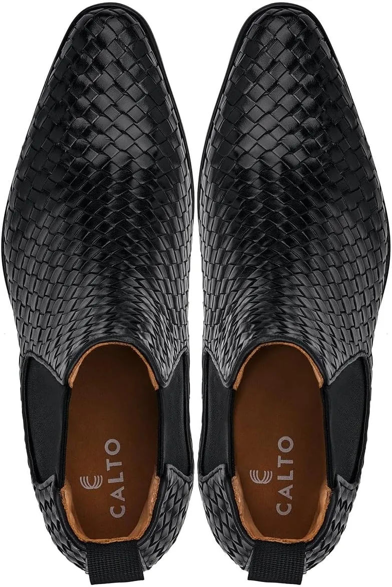 CALTO Men's Invisible Height Increasing Elevator Shoes - Black Premium Leather Woven Slip-on Chelsea Ankle Boots - 3.3 Inches Taller - K30521 - Size 10 D(M) US
