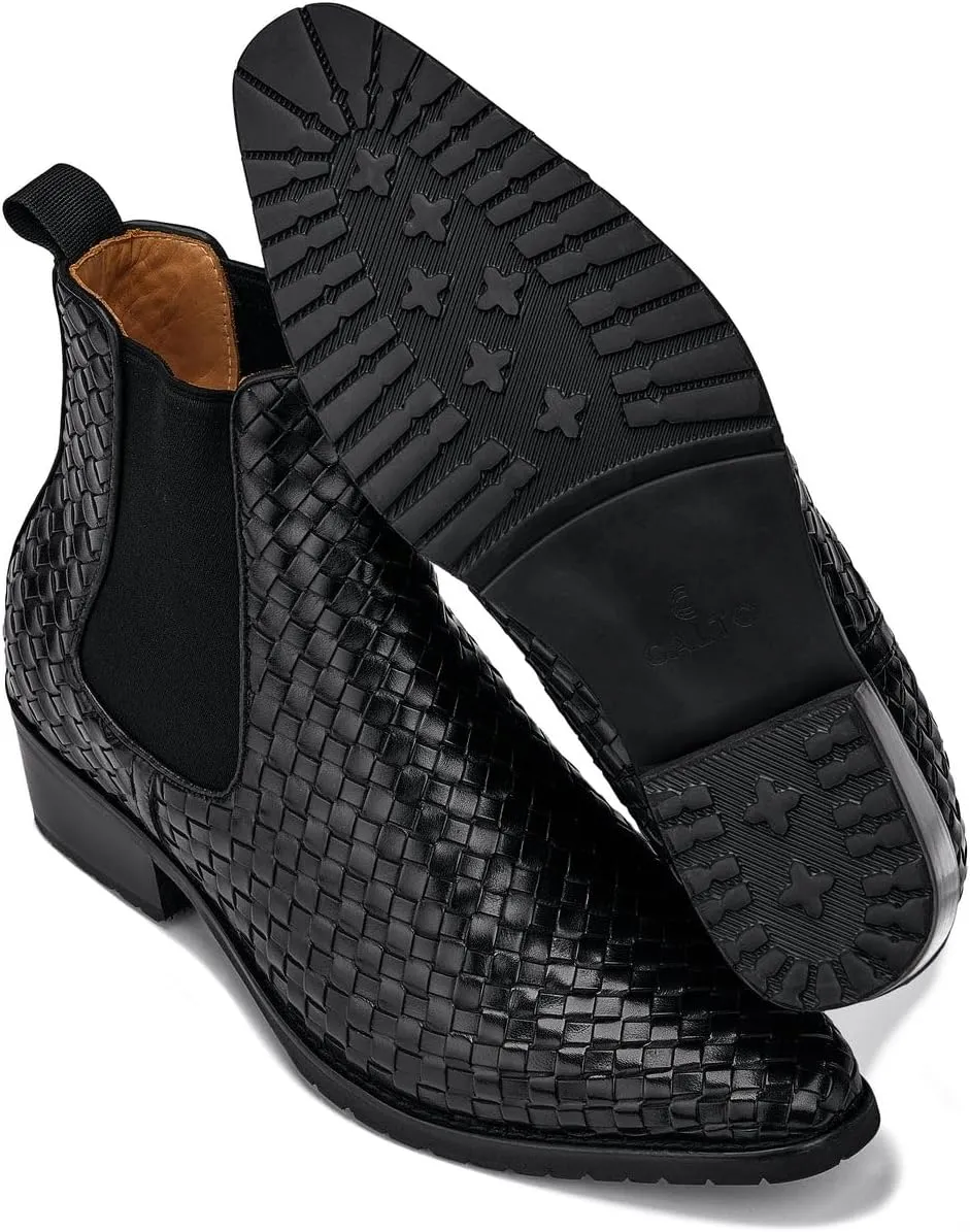CALTO Men's Invisible Height Increasing Elevator Shoes - Black Premium Leather Woven Slip-on Chelsea Ankle Boots - 3.3 Inches Taller - K30521 - Size 10 D(M) US