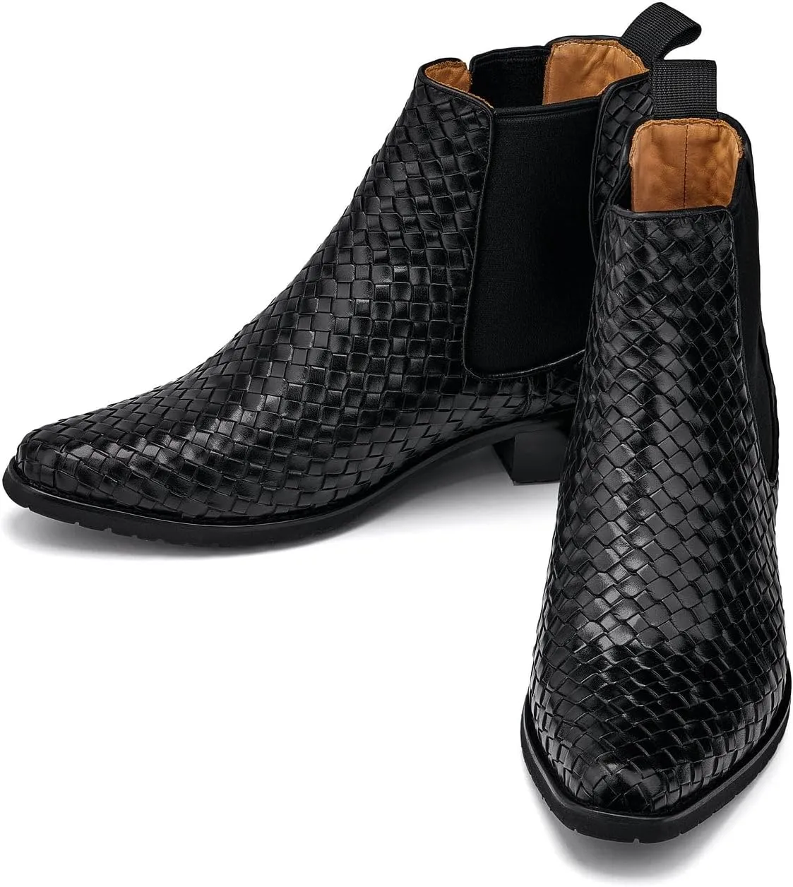 CALTO Men's Invisible Height Increasing Elevator Shoes - Black Premium Leather Woven Slip-on Chelsea Ankle Boots - 3.3 Inches Taller - K30521 - Size 10 D(M) US