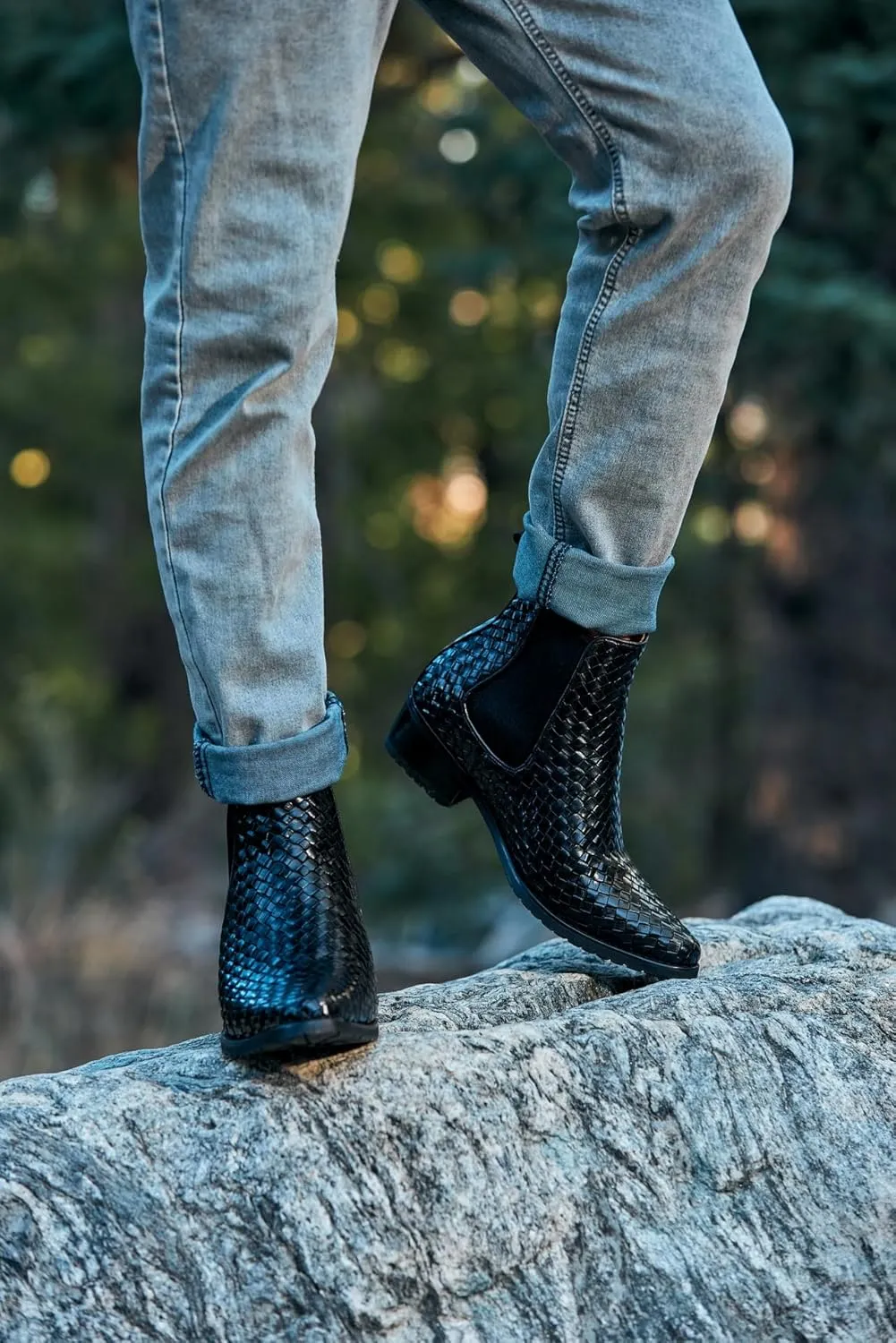 CALTO Men's Invisible Height Increasing Elevator Shoes - Black Premium Leather Woven Slip-on Chelsea Ankle Boots - 3.3 Inches Taller - K30521 - Size 10 D(M) US