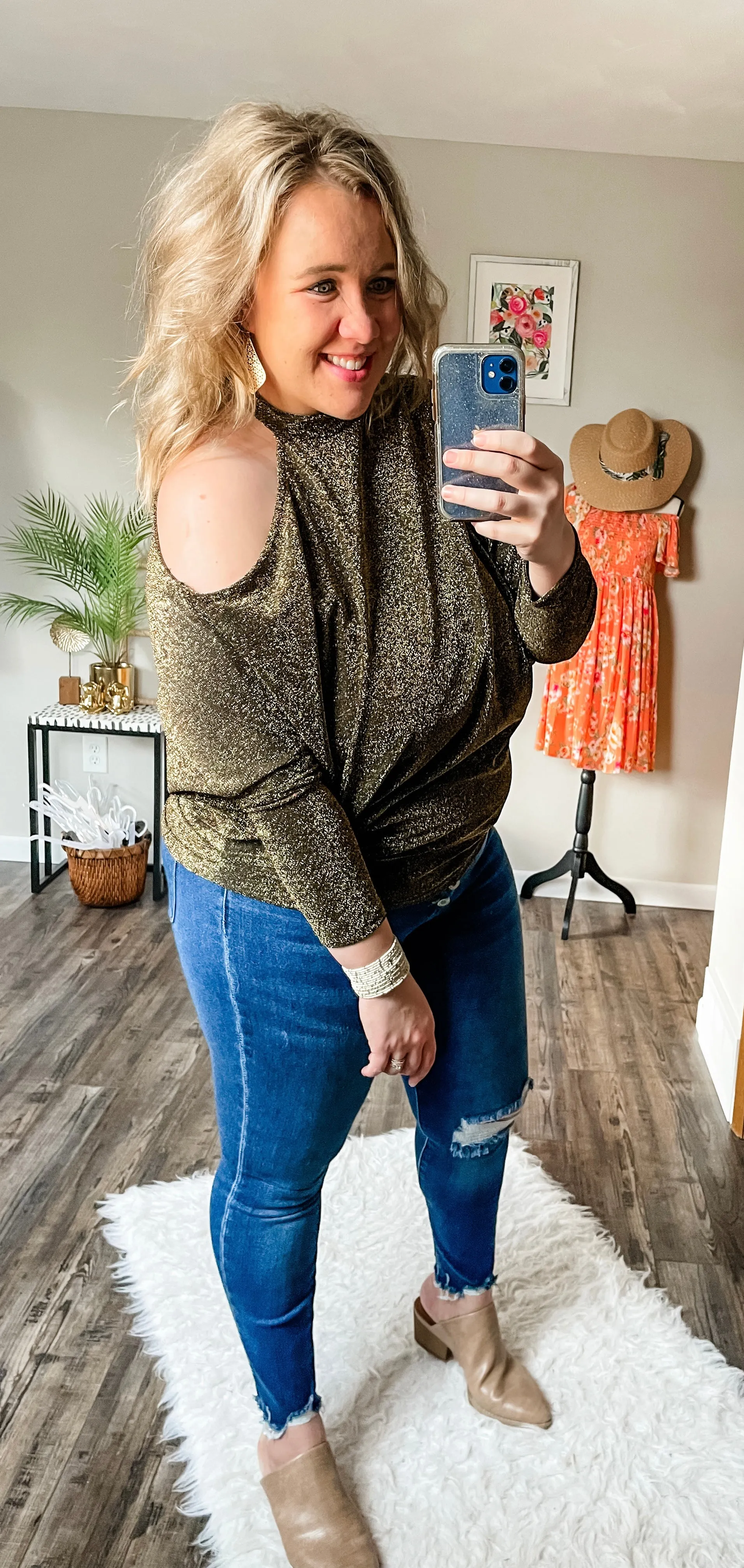 Cold shoulder shimmer top