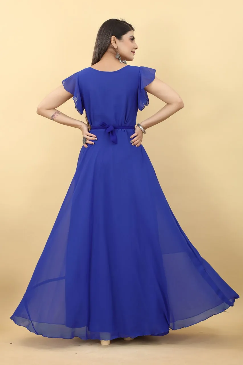 Designer Umbrella Sleeve Blue Color Georgette Gown