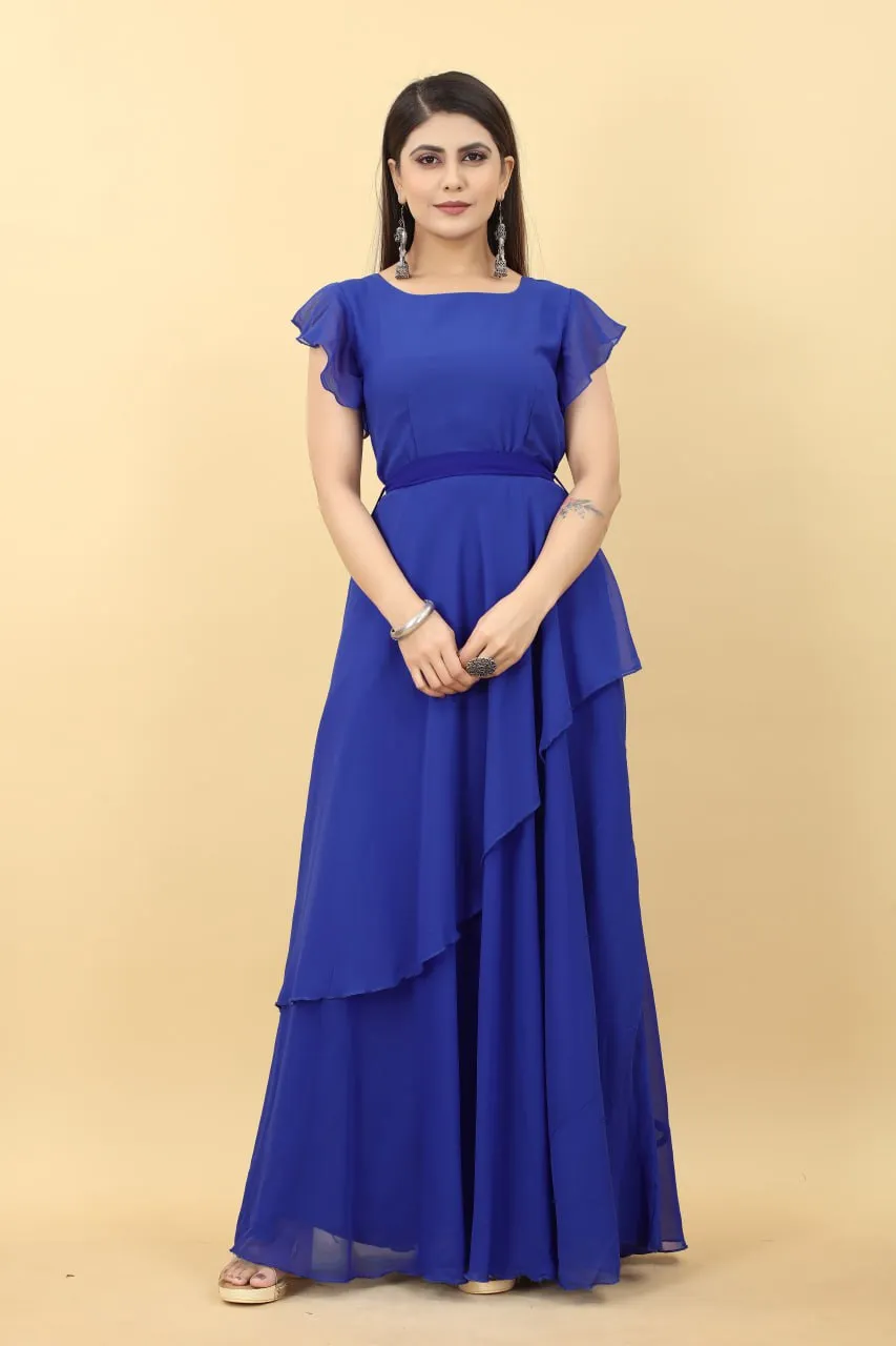 Designer Umbrella Sleeve Blue Color Georgette Gown