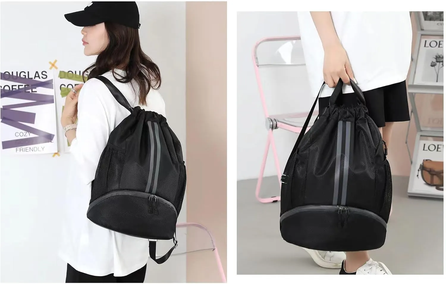 Drawstring Gym Bag for Men, Waterproof Drawstring Backpack for Women, Swim with Shoes Compartment, Pull String Sport Bag for Soccer and Basketball. (Rose)