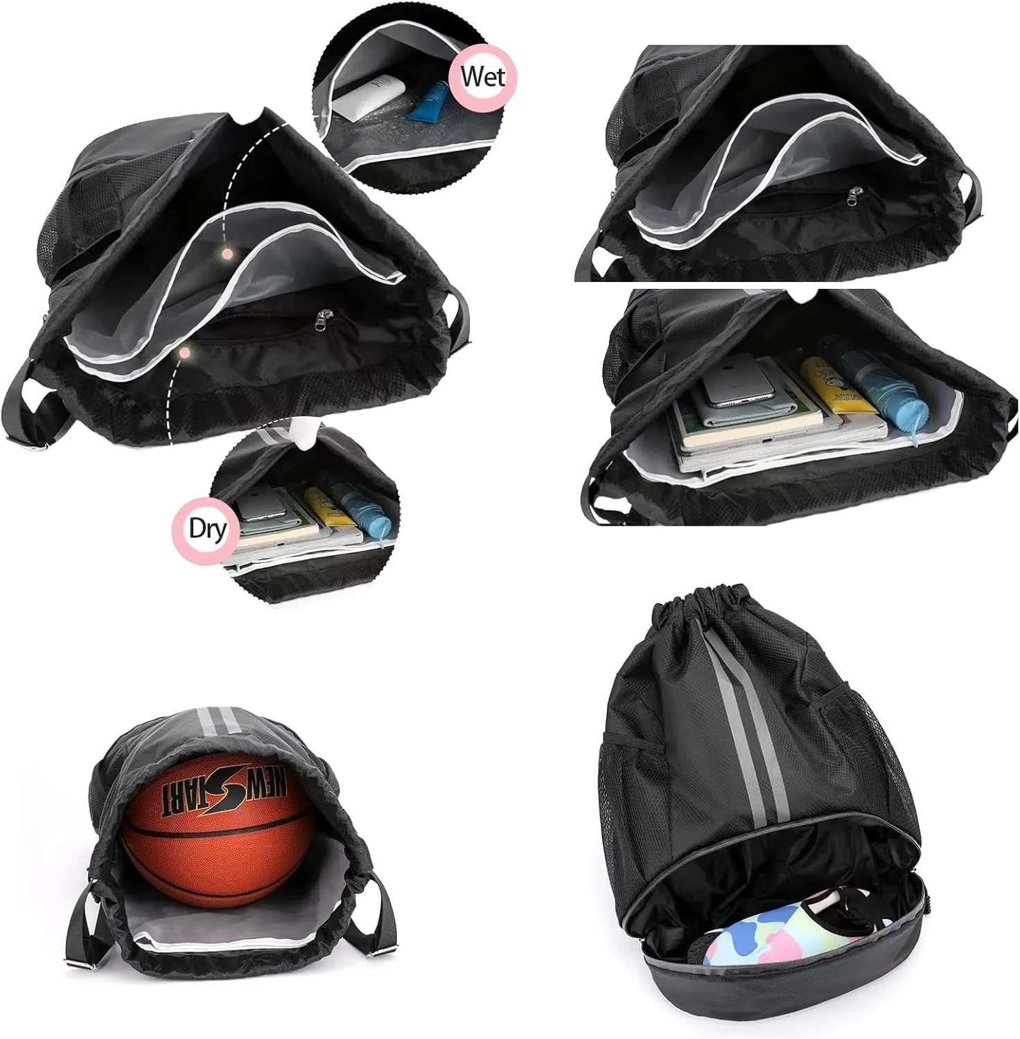 Drawstring Gym Bag for Men, Waterproof Drawstring Backpack for Women, Swim with Shoes Compartment, Pull String Sport Bag for Soccer and Basketball. (Rose)