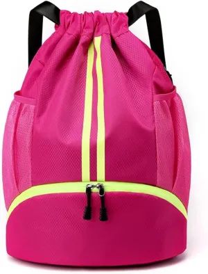 Drawstring Gym Bag for Men, Waterproof Drawstring Backpack for Women, Swim with Shoes Compartment, Pull String Sport Bag for Soccer and Basketball. (Rose)
