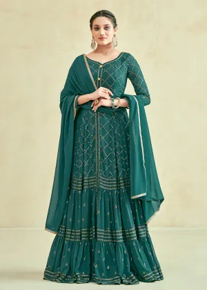 Green Real Georgette with Sequins Wedding Festive Gown