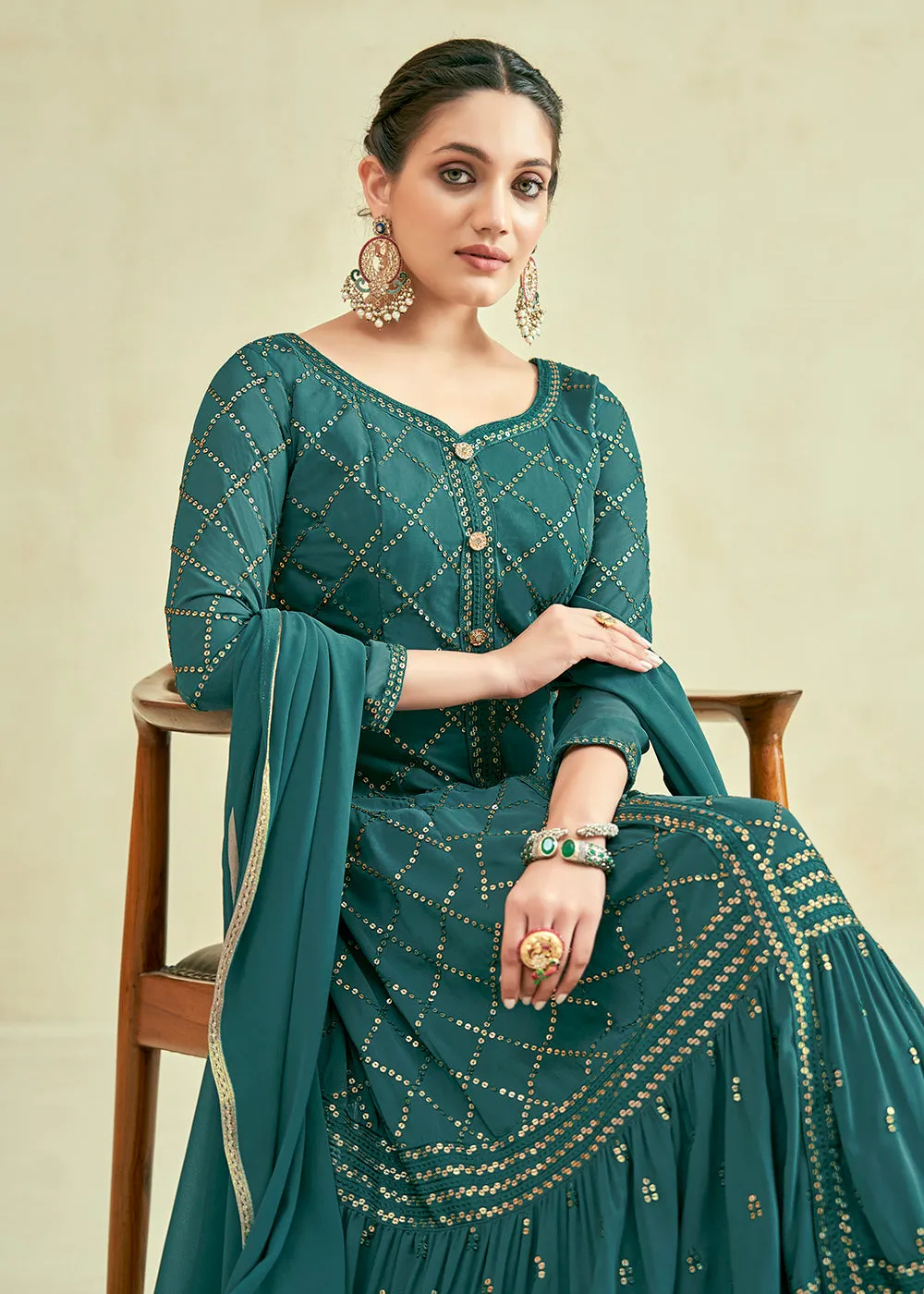 Green Real Georgette with Sequins Wedding Festive Gown