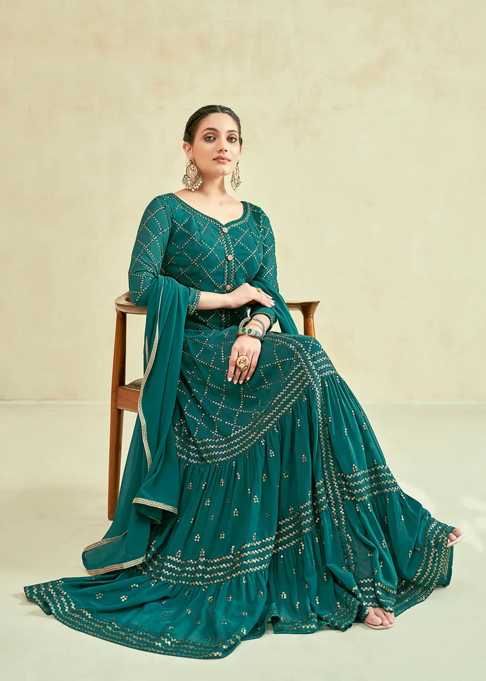 Green Real Georgette with Sequins Wedding Festive Gown