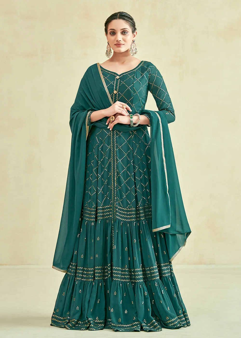 Green Real Georgette with Sequins Wedding Festive Gown