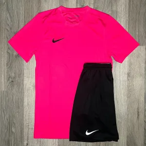 Nike Dri Fit Set - Tee & Shorts - Pink / Black (Junior)