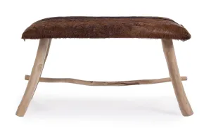 Panca vintage in vera pelle con pelo gambe in rami di Teak - SCONTO 20%
