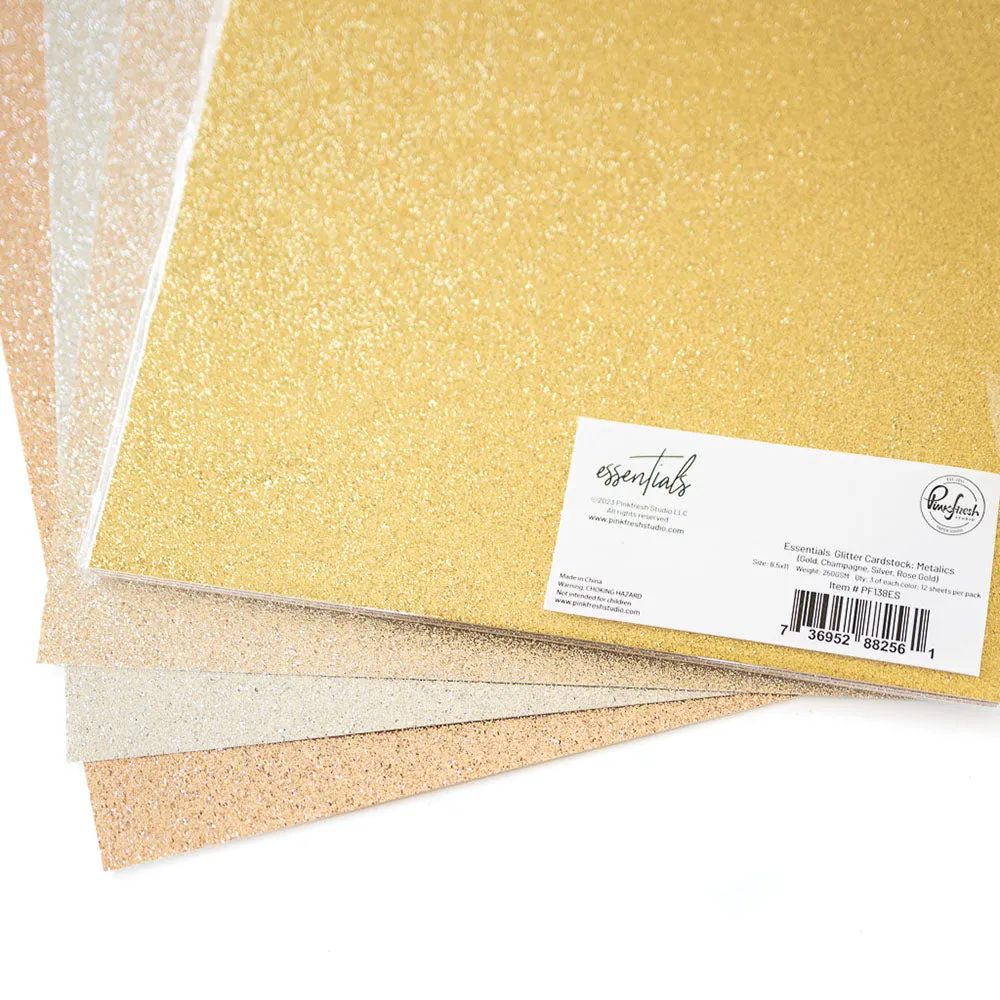Pinkfresh Studio Essentials Glitter Cardstock 8.5"X12" 12/pk Metallics, 3 of each colour