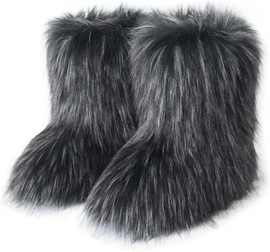 QMFUR Women's Furry Faux Fur Boots Fuzzy Fluffy Mid Calf Snow Boots Suede Warm Fur Lined Booties Flat Fashion Boots