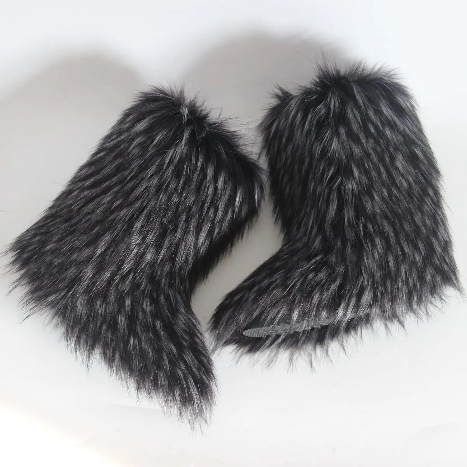 QMFUR Women's Furry Faux Fur Boots Fuzzy Fluffy Mid Calf Snow Boots Suede Warm Fur Lined Booties Flat Fashion Boots