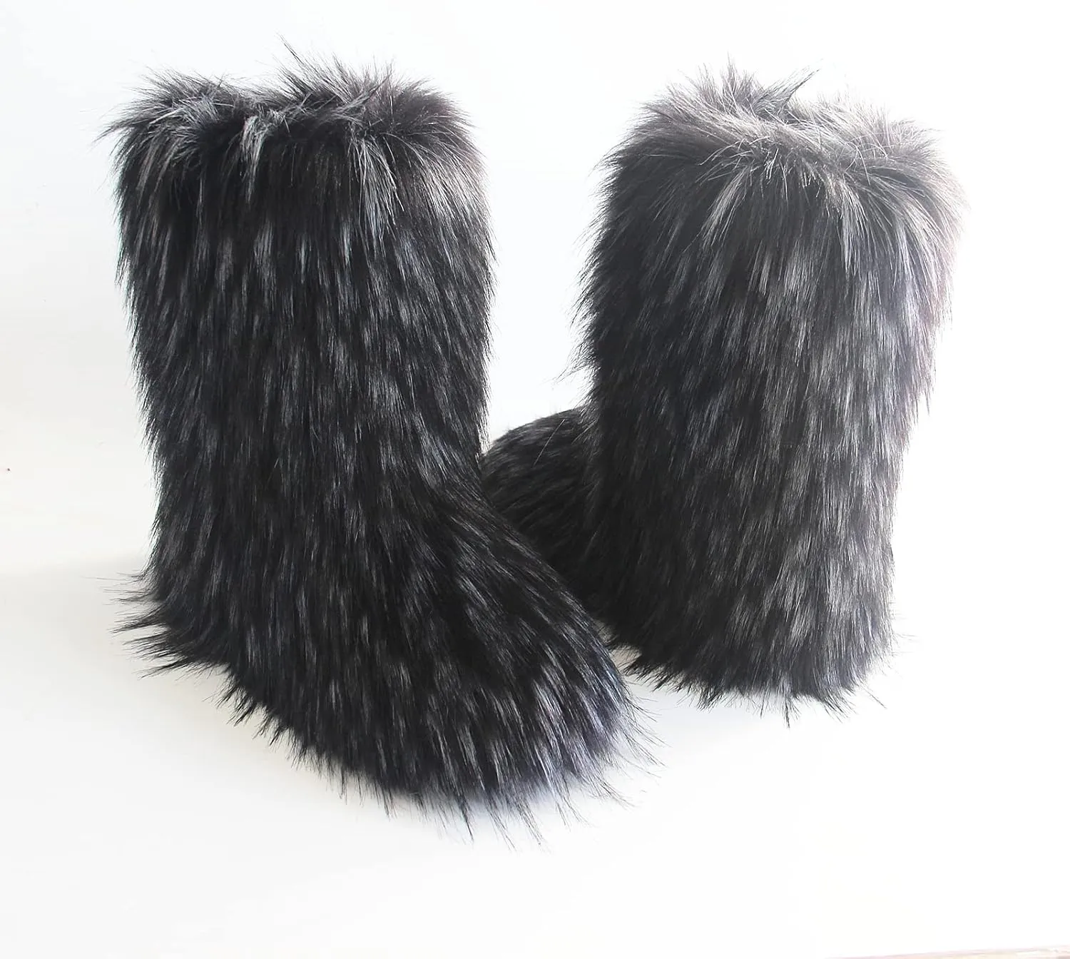 QMFUR Women's Furry Faux Fur Boots Fuzzy Fluffy Mid Calf Snow Boots Suede Warm Fur Lined Booties Flat Fashion Boots