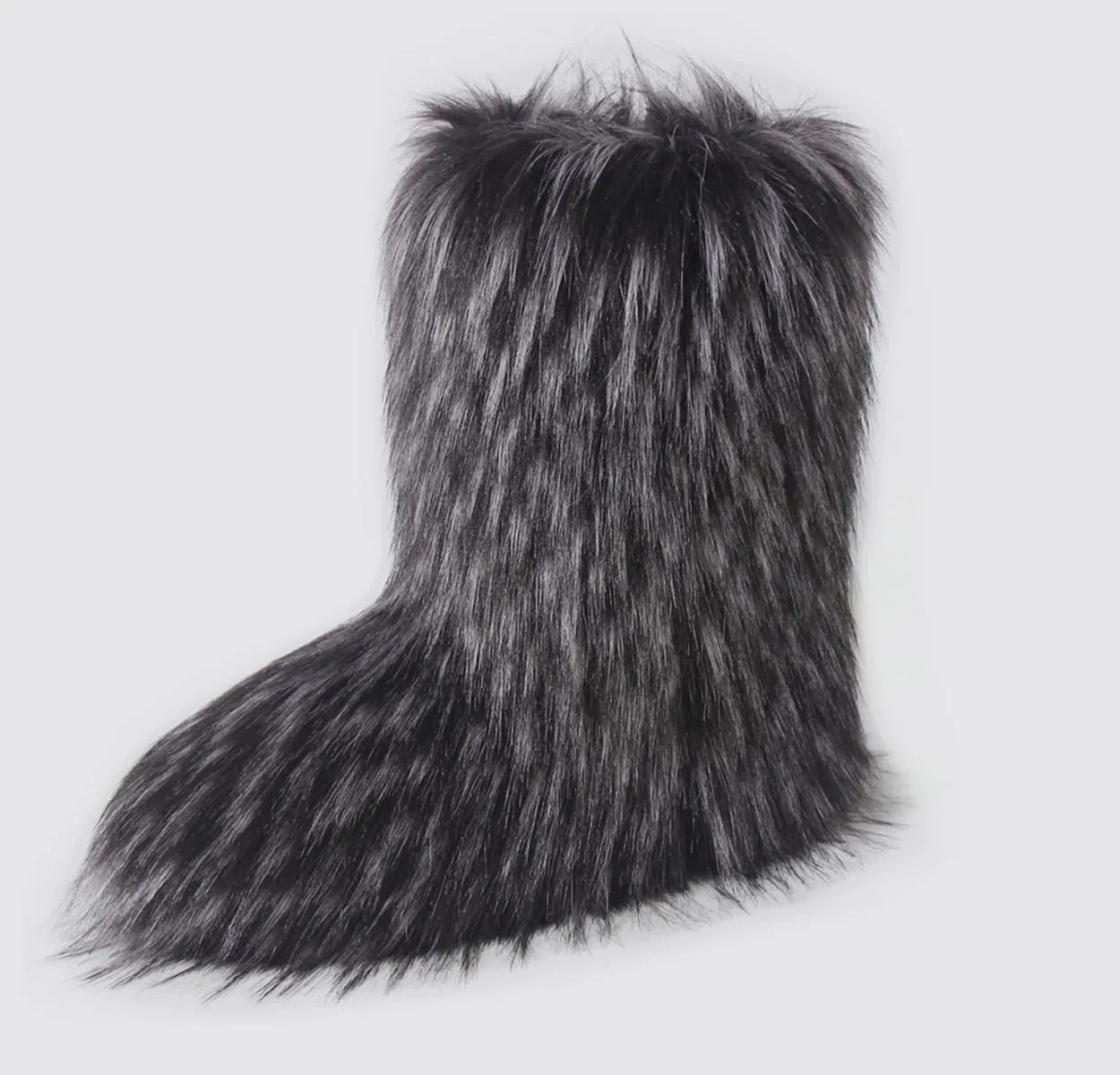 QMFUR Women's Furry Faux Fur Boots Fuzzy Fluffy Mid Calf Snow Boots Suede Warm Fur Lined Booties Flat Fashion Boots