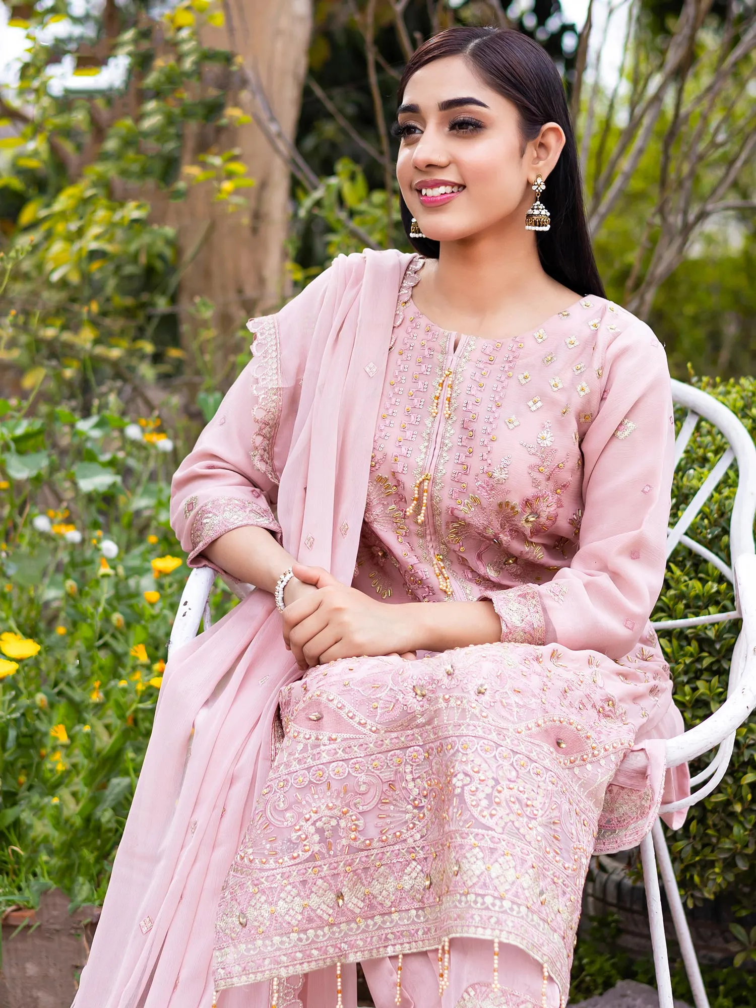 Rangz Light Pink Embroidered Chiffon 3-Piece Suit