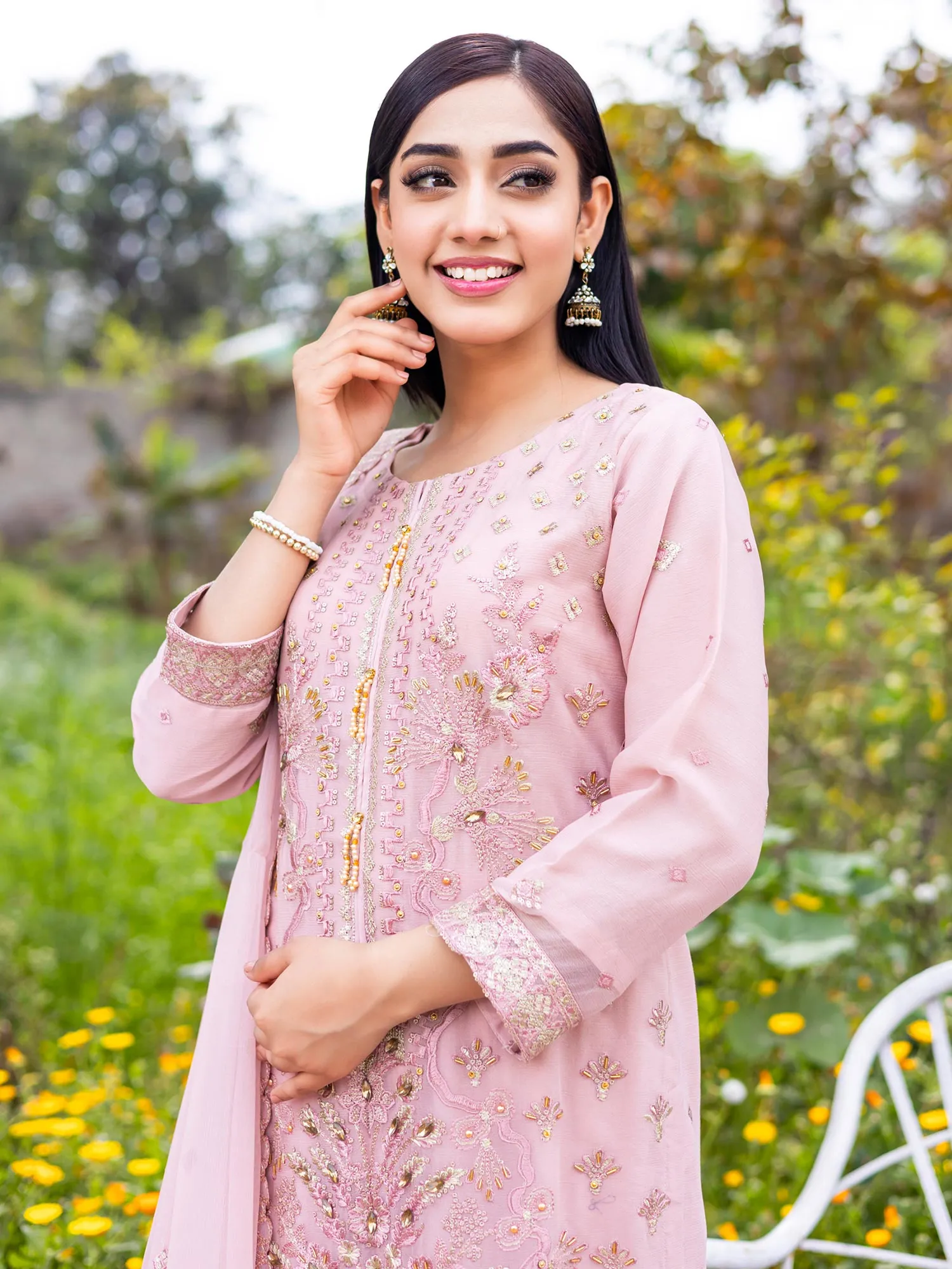 Rangz Light Pink Embroidered Chiffon 3-Piece Suit
