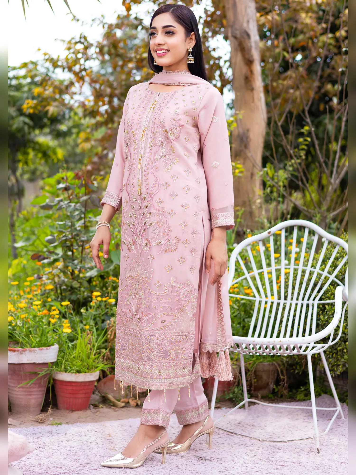 Rangz Light Pink Embroidered Chiffon 3-Piece Suit