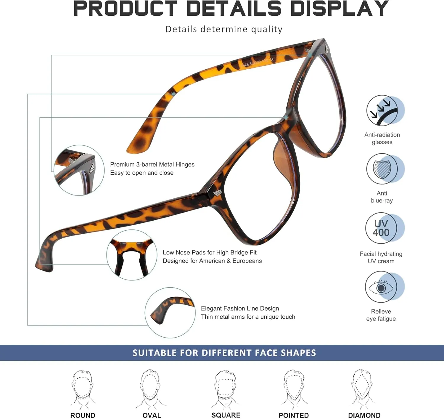 Reading Glasses for Women Men - Anti Glare Blue Light Blocking Glasses,Sturdy Eyeglasses