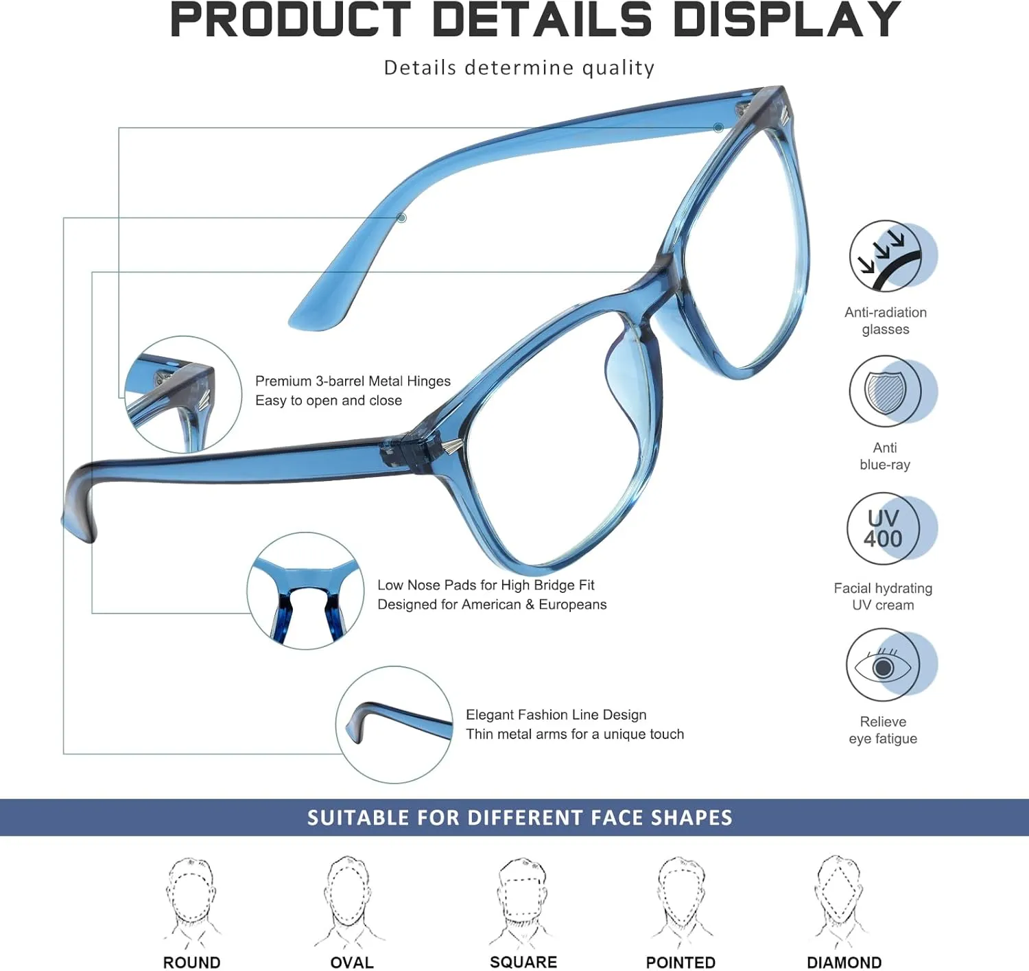 Reading Glasses for Women Men - Anti Glare Blue Light Blocking Glasses,Sturdy Eyeglasses