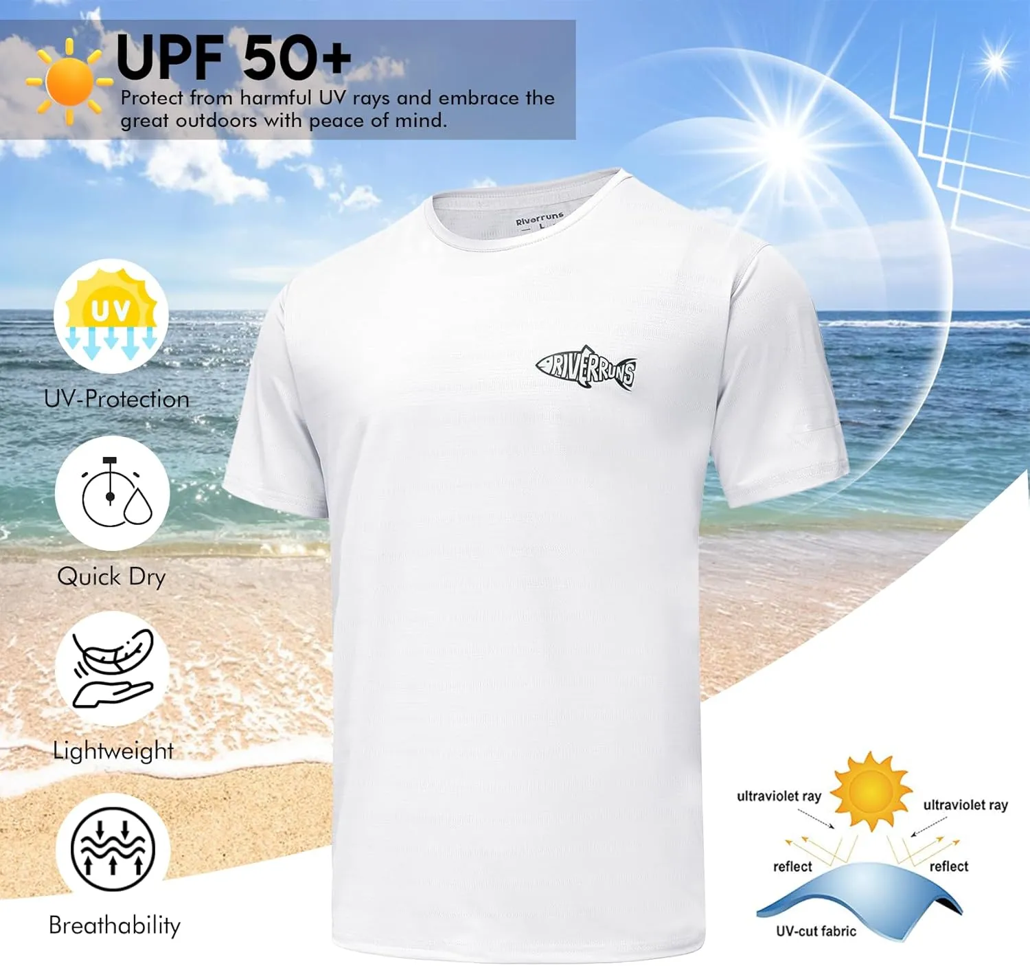 Riverruns Fishing Shirt for Men Short Sleeve UPF 50  Sun Protection Swim T-Shirt Rash Guard Water Beach Tee