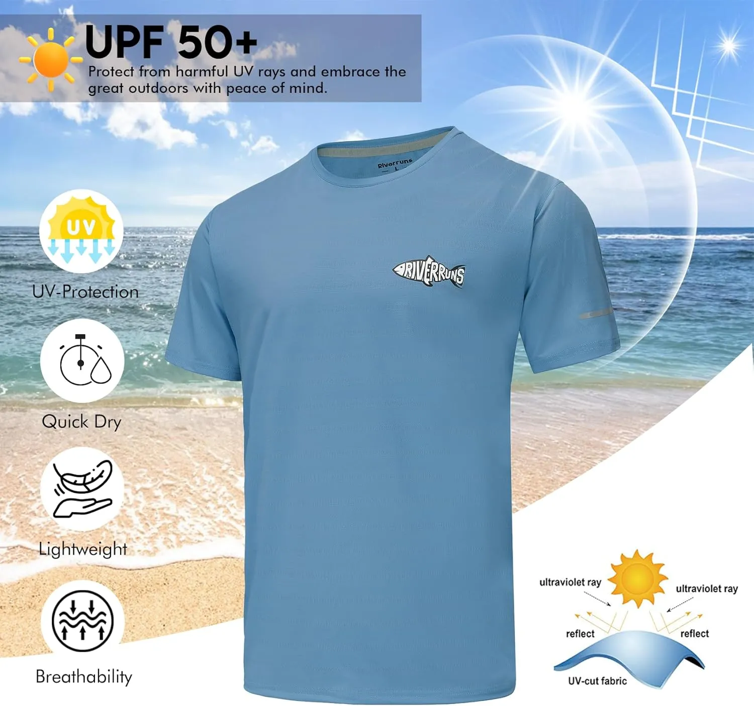 Riverruns Fishing Shirt for Men Short Sleeve UPF 50  Sun Protection Swim T-Shirt Rash Guard Water Beach Tee
