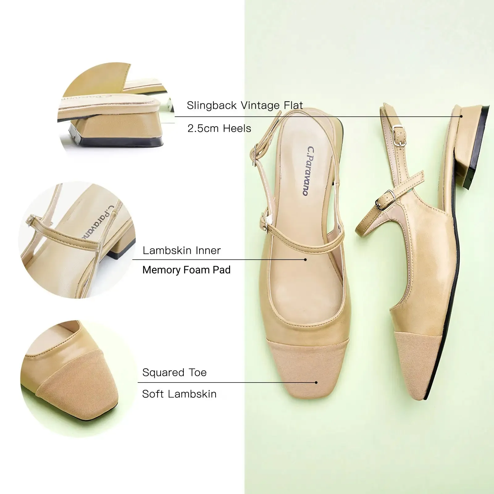 Square-Toe Slingback Flats (Felicia) Wheat