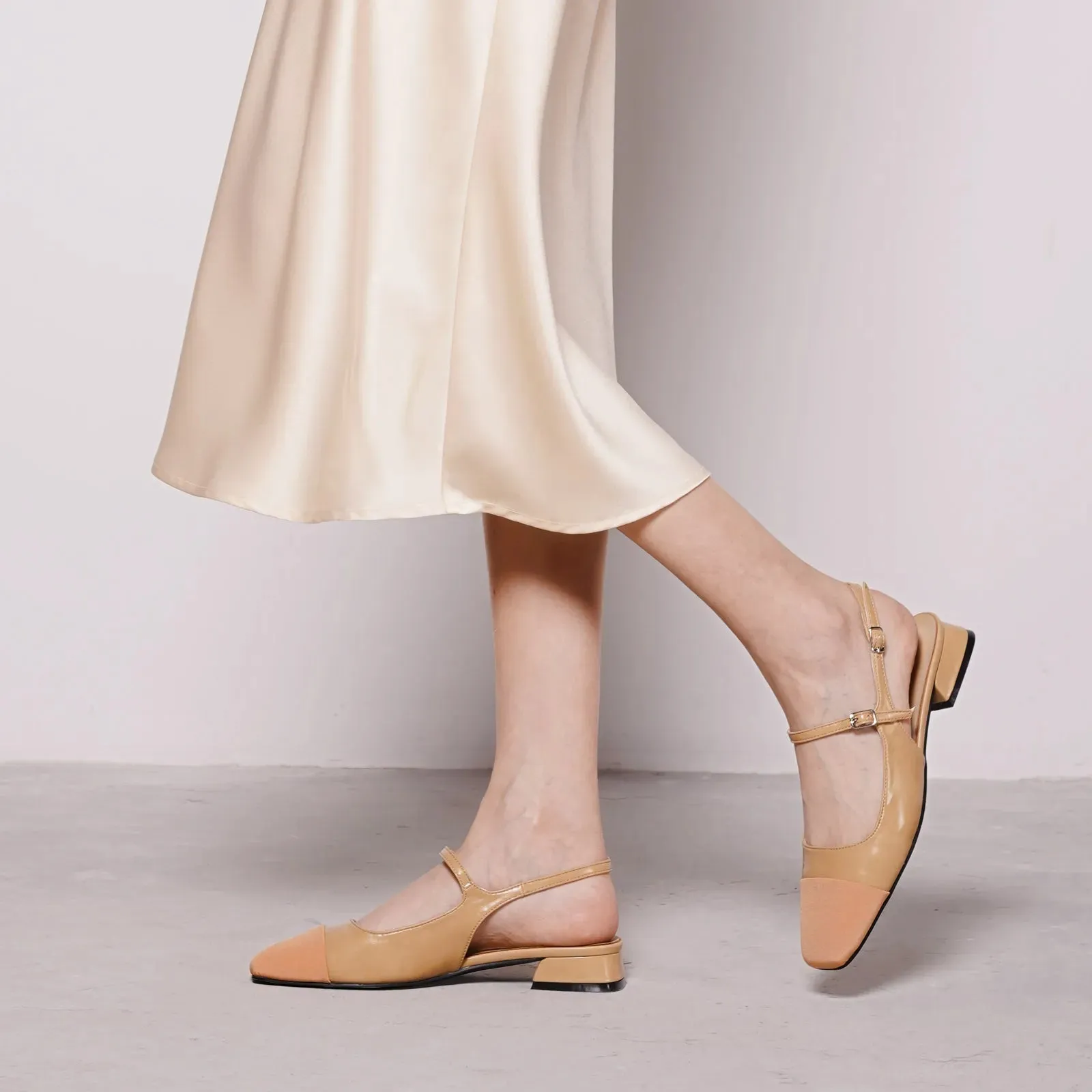 Square-Toe Slingback Flats (Felicia) Wheat