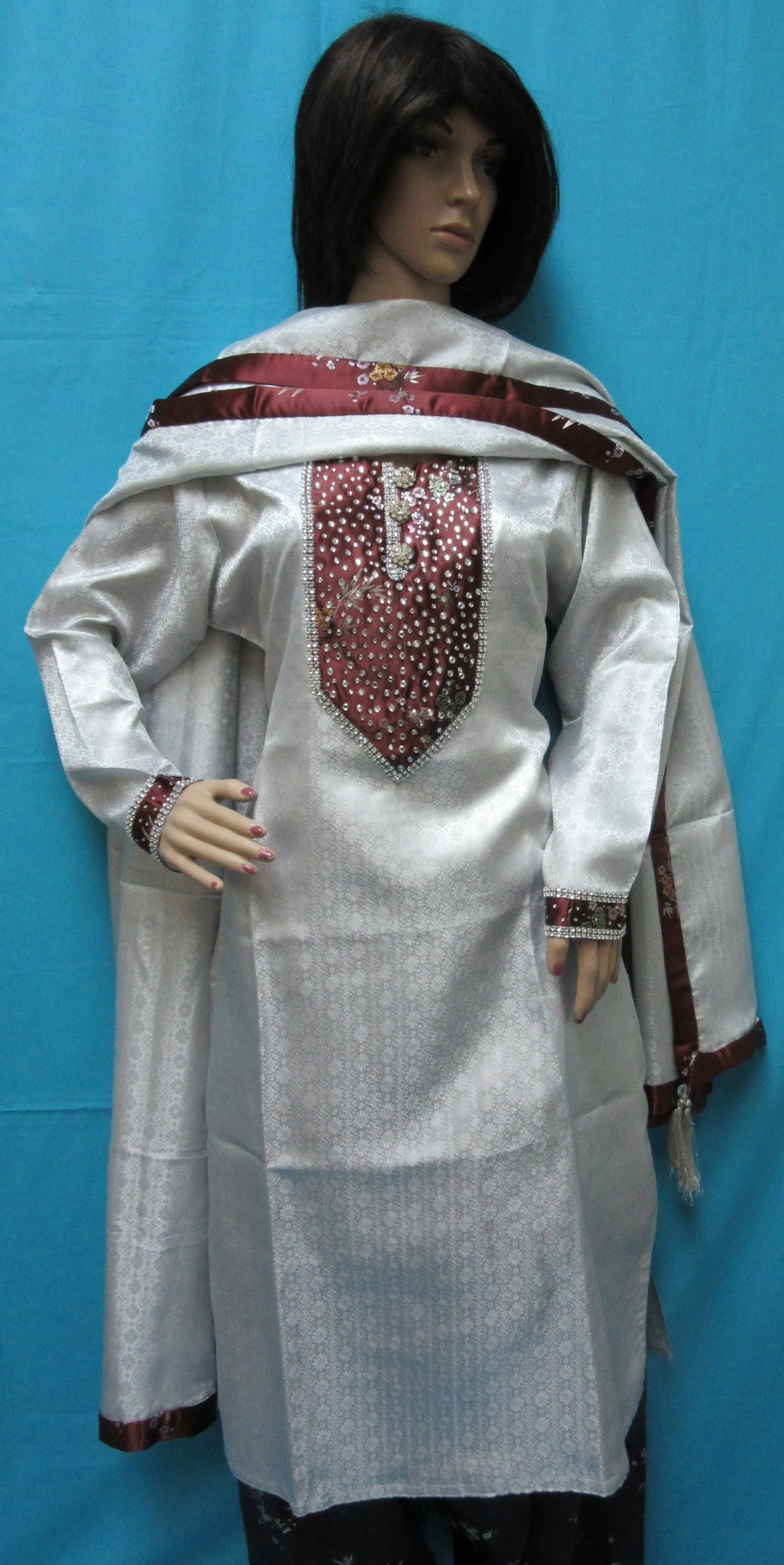 Suit 7929 Silver Burgundy Shanghai Salwar Kameez Dupatta Large Size Shieno Sarees