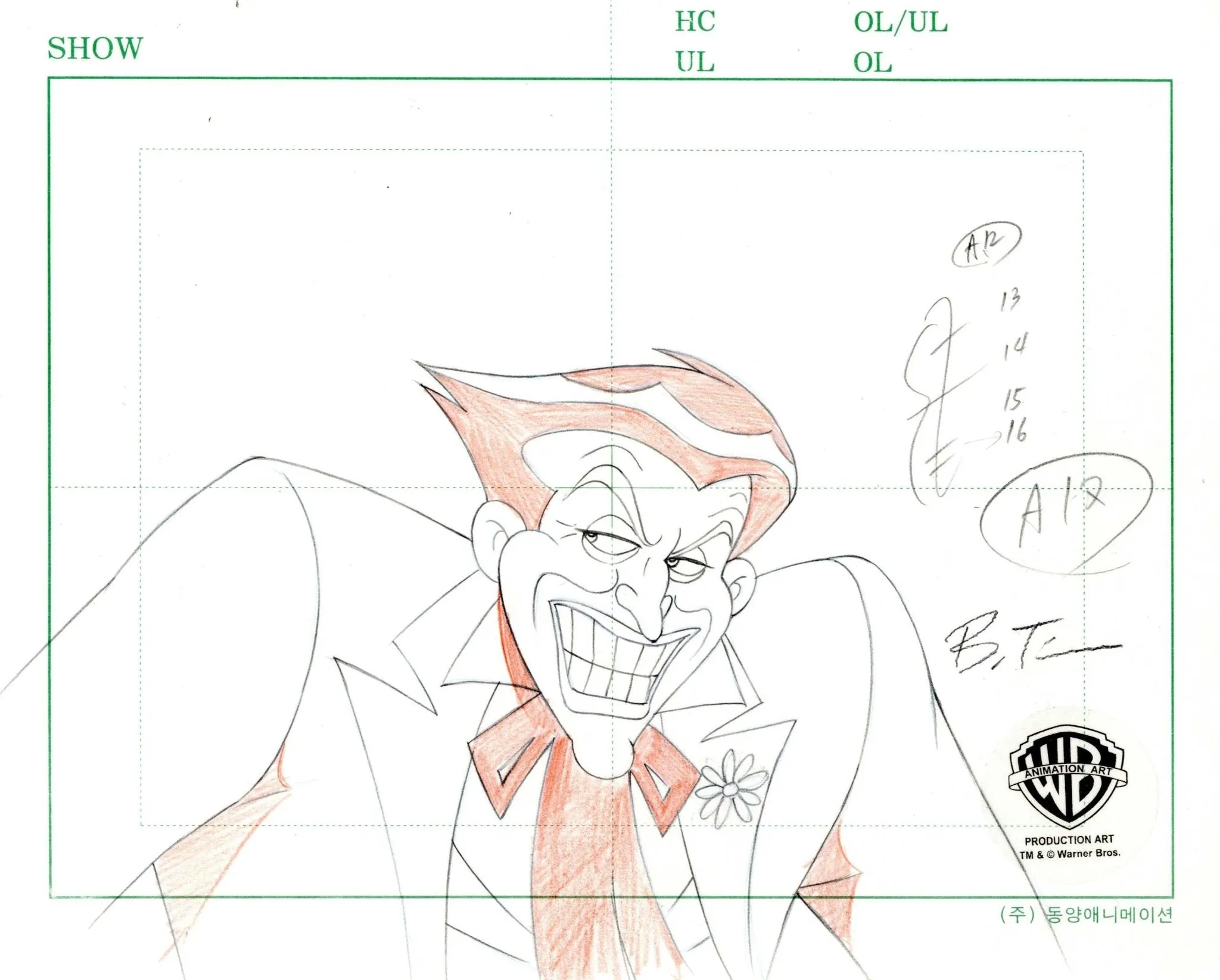 The New Batman Adventures Original Production Drawing signed by Bruce Timm: Joker