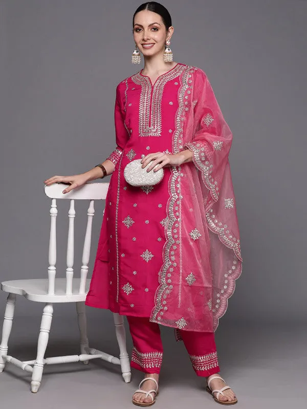 Women's Viscose Embroidered Straight Kurta Pant With Dupatta