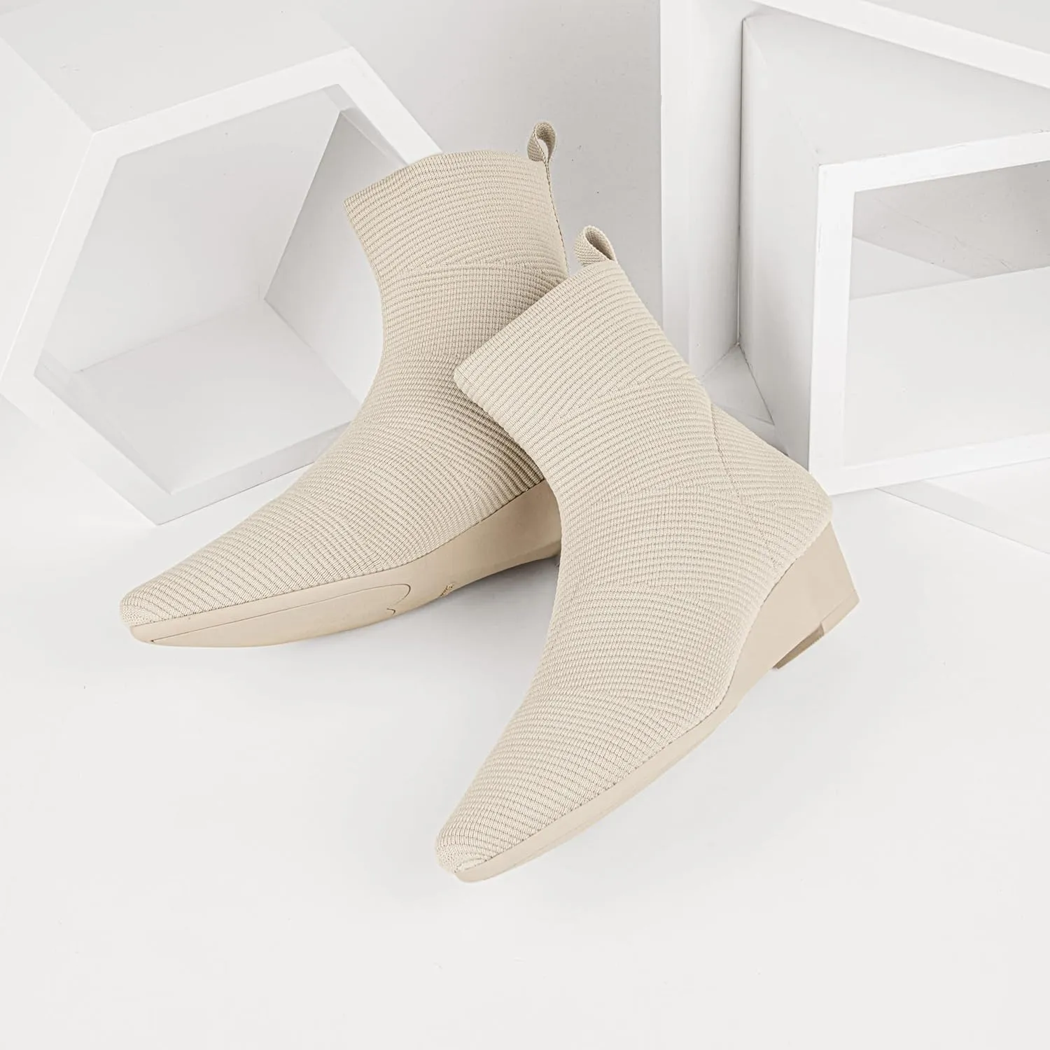youngshow Womens Booties Comfortable Knitted Low Heel Boots For Women Ankle Booties Pointed Toe Slip On Fall Winter Ladies Dress Shoes