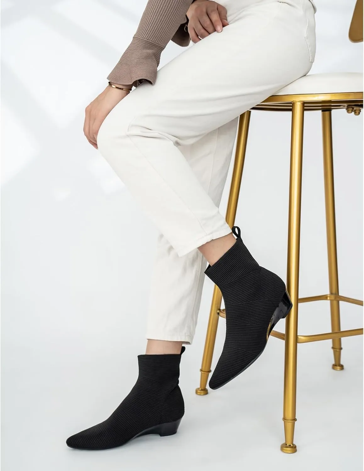 youngshow Womens Booties Comfortable Knitted Low Heel Boots For Women Ankle Booties Pointed Toe Slip On Fall Winter Ladies Dress Shoes